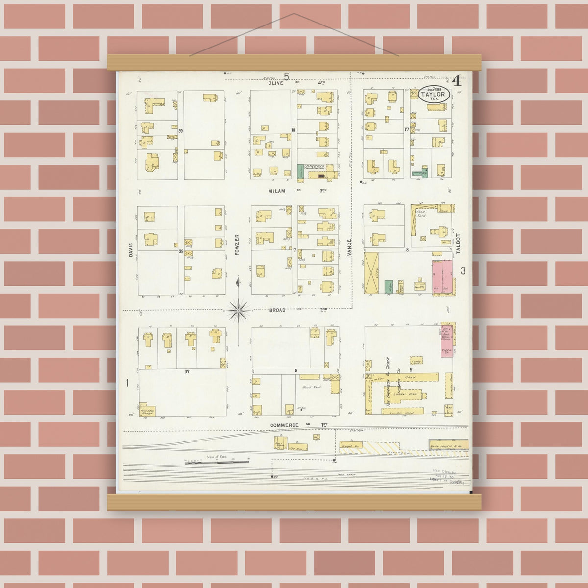Old map wall art mockup — magnetic wood frame on brick wall — Sanborn Fire Insurance Map from Taylor, Williamson County, Texas (1898), Sheet #0004