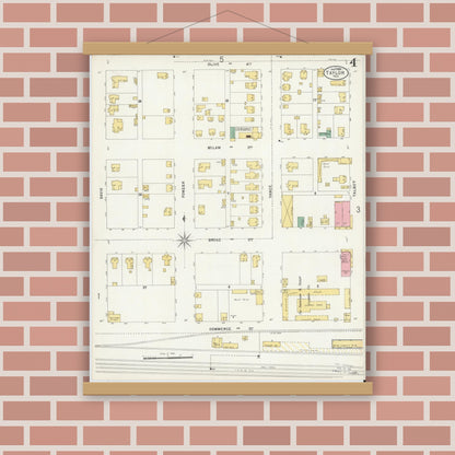Old map wall art mockup — magnetic wood frame on brick wall — Sanborn Fire Insurance Map from Taylor, Williamson County, Texas (1898), Sheet #0004
