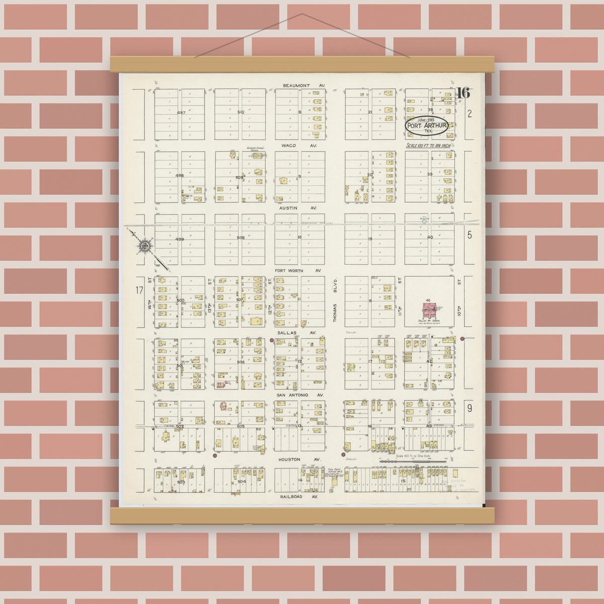 Old map wall art mockup — magnetic wood frame on brick wall — Sanborn Fire Insurance Map from Port Arthur, Jefferson County, Texas (1915), Sheet #0016