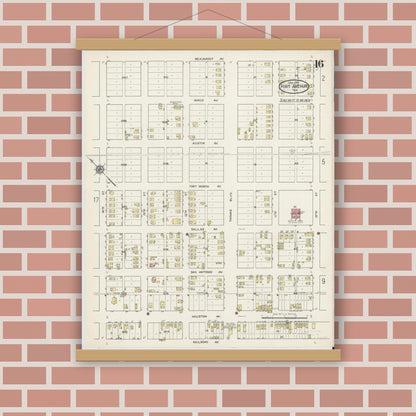 Old map wall art mockup — magnetic wood frame on brick wall — Sanborn Fire Insurance Map from Port Arthur, Jefferson County, Texas (1915), Sheet #0016