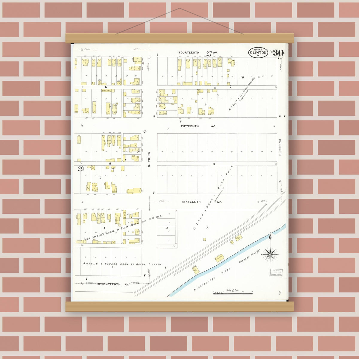 Old map wall art mockup — magnetic wood frame on brick wall — Sanborn Fire Insurance Map from Clinton, Clinton County, Iowa (1909), Sheet #0030