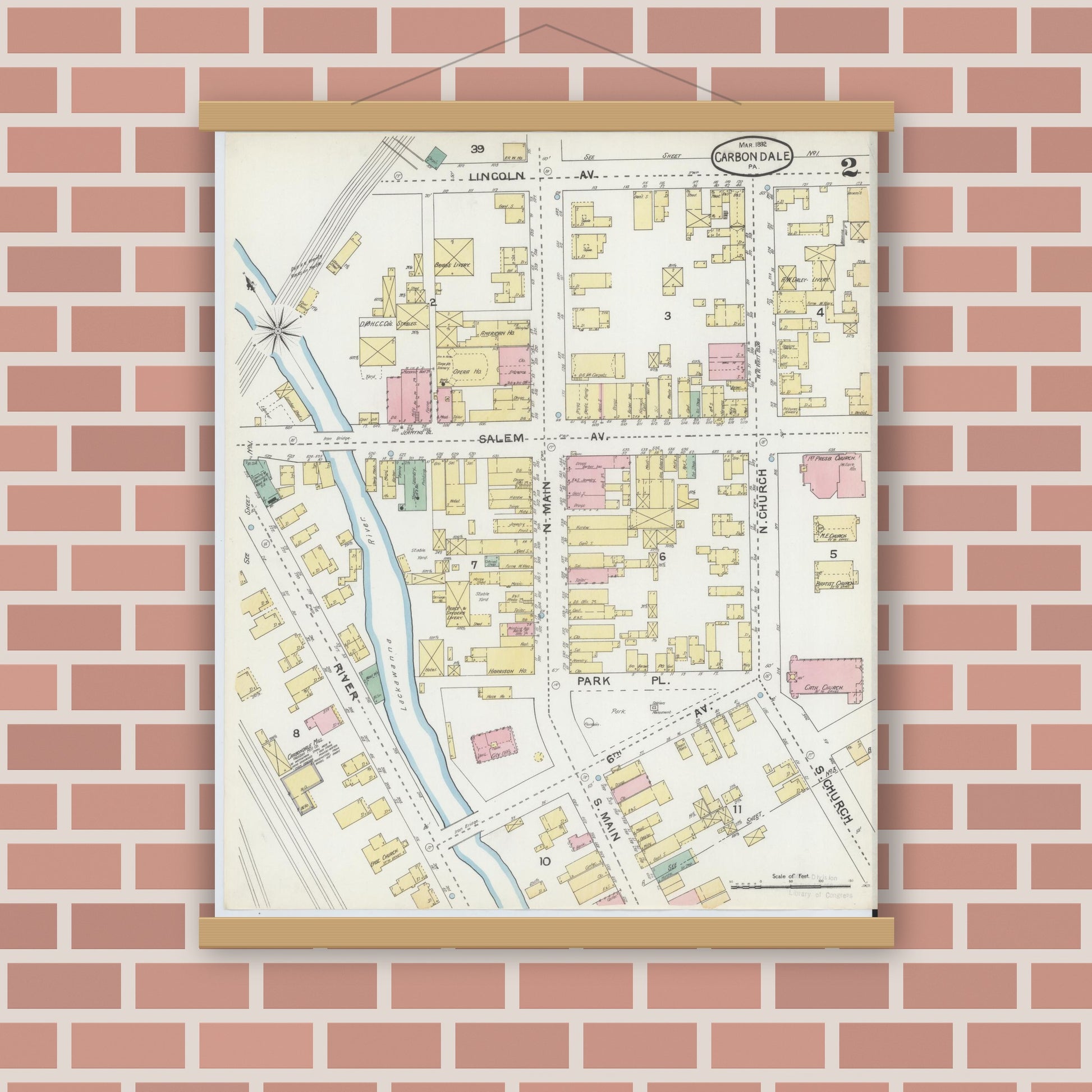 Old map wall art mockup — magnetic wood frame on brick wall — Sanborn Fire Insurance Map from Carbondale, Lackawanna County, Pennsylvania (1892), Sheet #0002