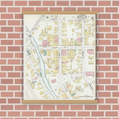 Old map wall art mockup — magnetic wood frame on brick wall — Sanborn Fire Insurance Map from Carbondale, Lackawanna County, Pennsylvania (1892), Sheet #0002