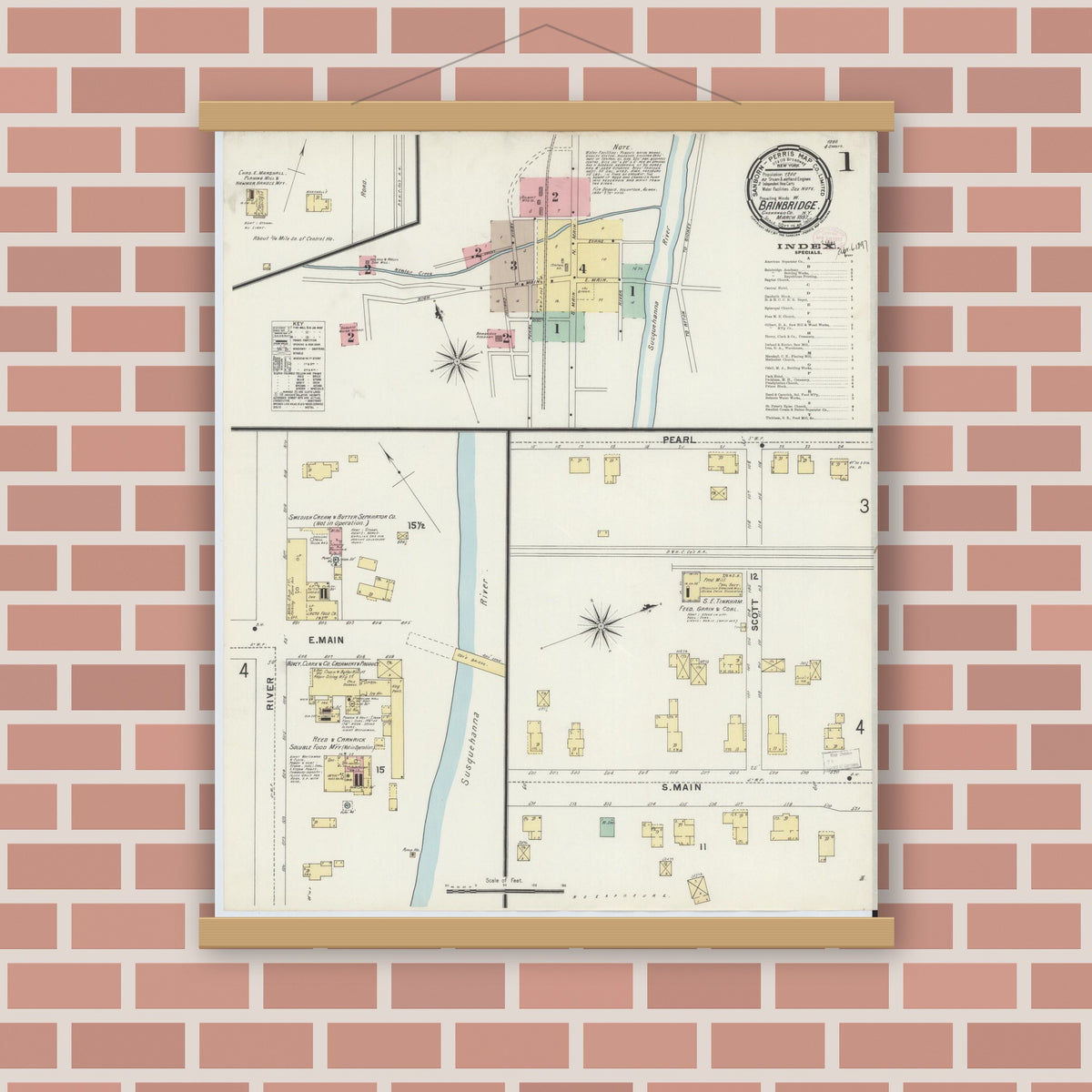 Old map wall art mockup — magnetic wood frame on brick wall — Sanborn Fire Insurance Map from Bainbridge, Chenango County, New York (1897) - Complete Map Set