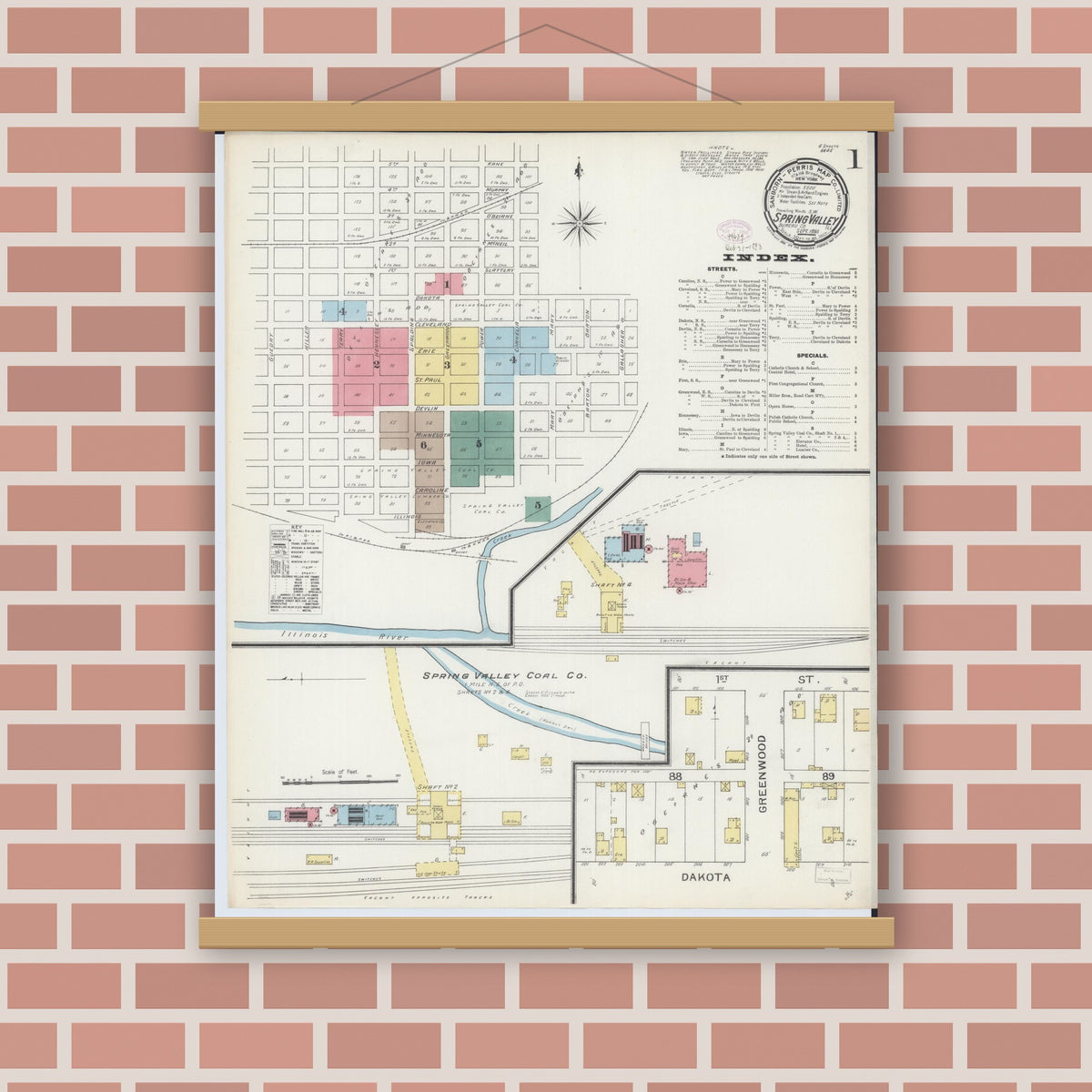 Old map wall art mockup — magnetic wood frame on brick wall — Sanborn Fire Insurance Map from Spring Valley, Bureau County, Illinois (1893), Sheet #0001