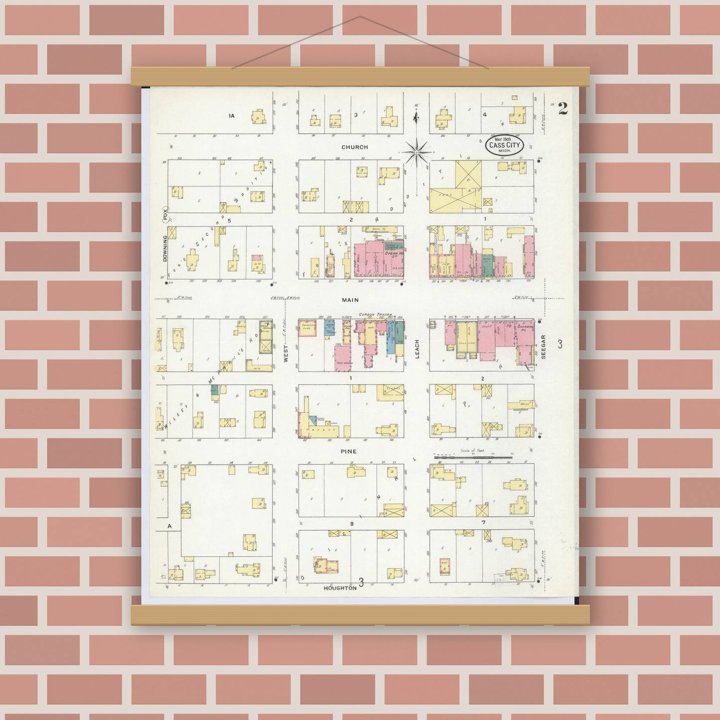 Old map wall art mockup — magnetic wood frame on brick wall — Sanborn Fire Insurance Map from Cass City, Tuscola County, Michigan (1909), Sheet #0002