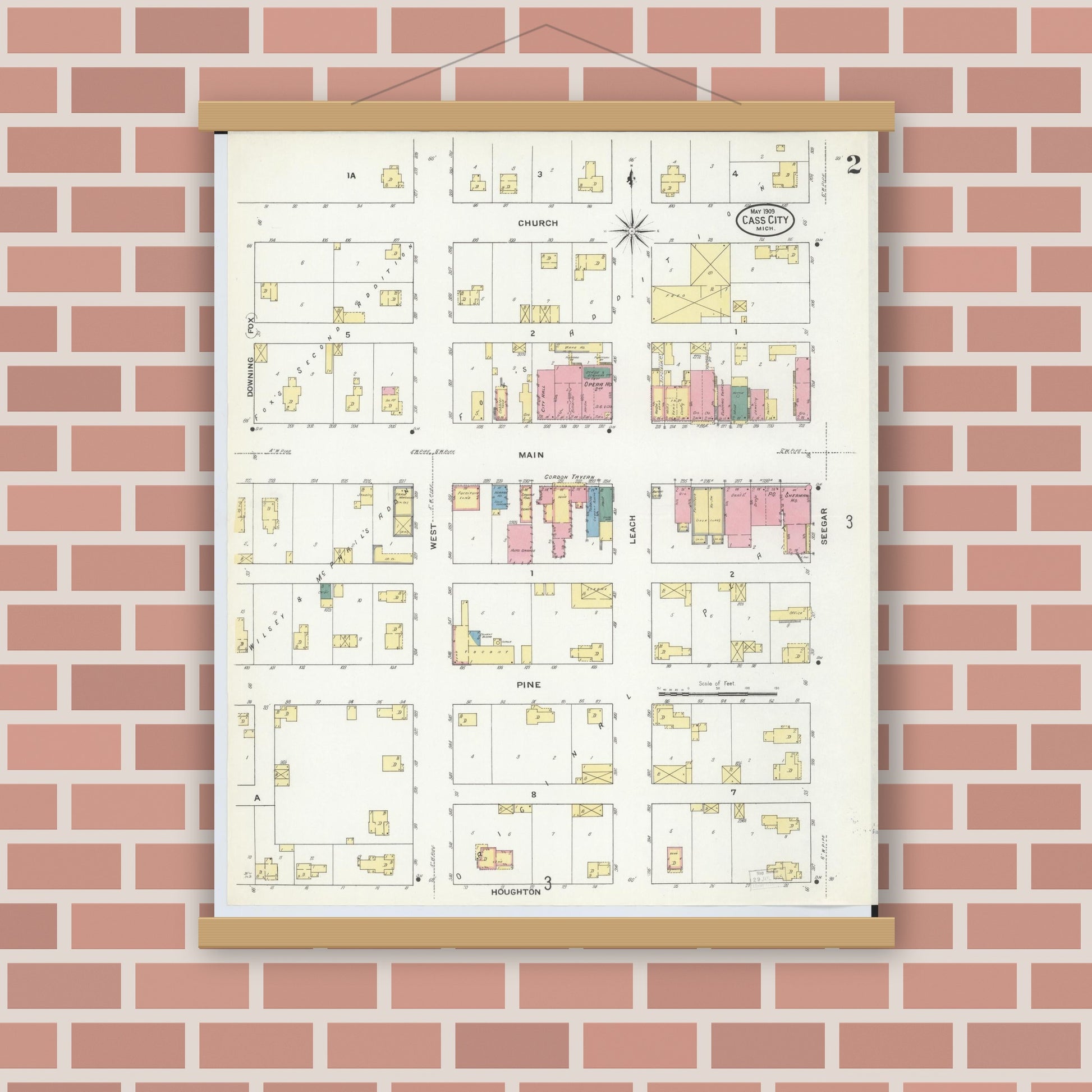 Old map wall art mockup — magnetic wood frame on brick wall — Sanborn Fire Insurance Map from Cass City, Tuscola County, Michigan (1909), Sheet #0002