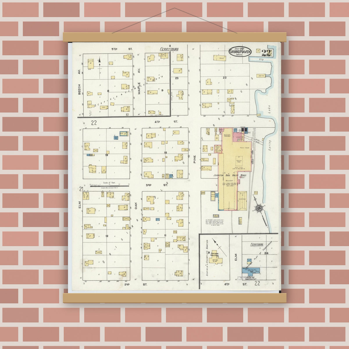 Old map wall art mockup — magnetic wood frame on brick wall — Sanborn Fire Insurance Map from Grand Haven, Ottawa County, Michigan (1920), Sheet #0022