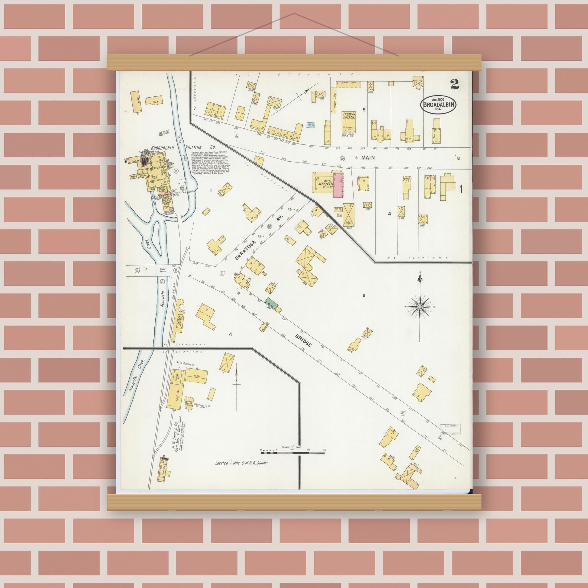 Old map wall art mockup — magnetic wood frame on brick wall — Sanborn Fire Insurance Map from Broadalbin, Fulton County, New York (1900), Sheet #0002
