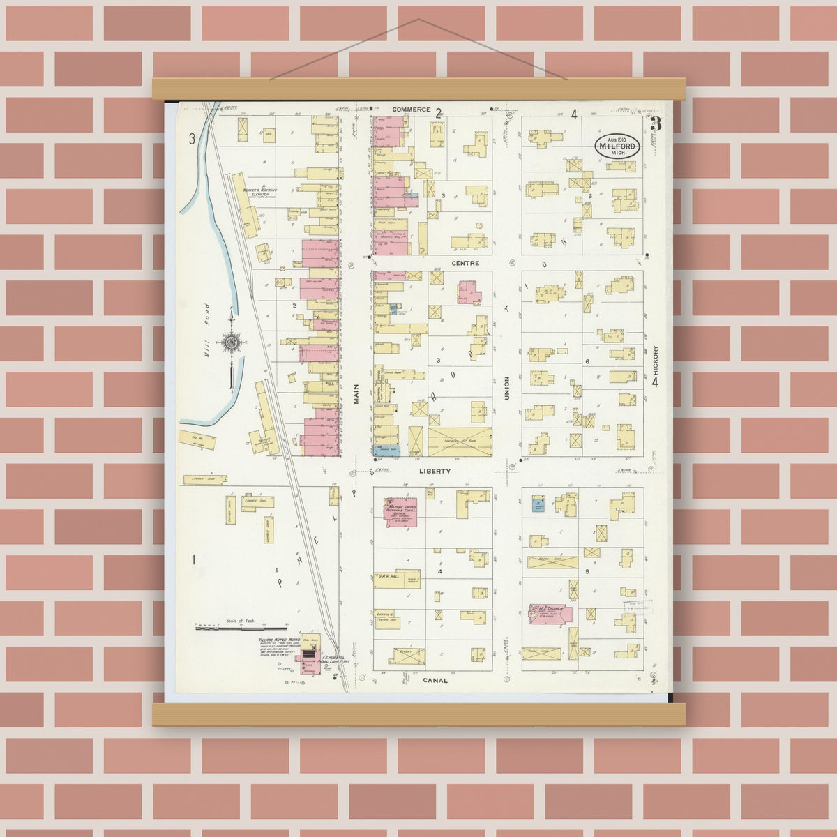 Old map wall art mockup — magnetic wood frame on brick wall — Sanborn Fire Insurance Map from Milford, Oakland County, Michigan (1910), Sheet #0003