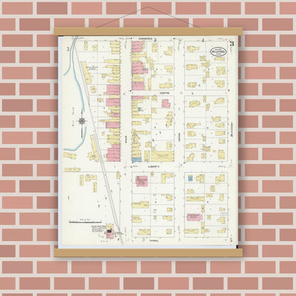 Old map wall art mockup — magnetic wood frame on brick wall — Sanborn Fire Insurance Map from Milford, Oakland County, Michigan (1910), Sheet #0003