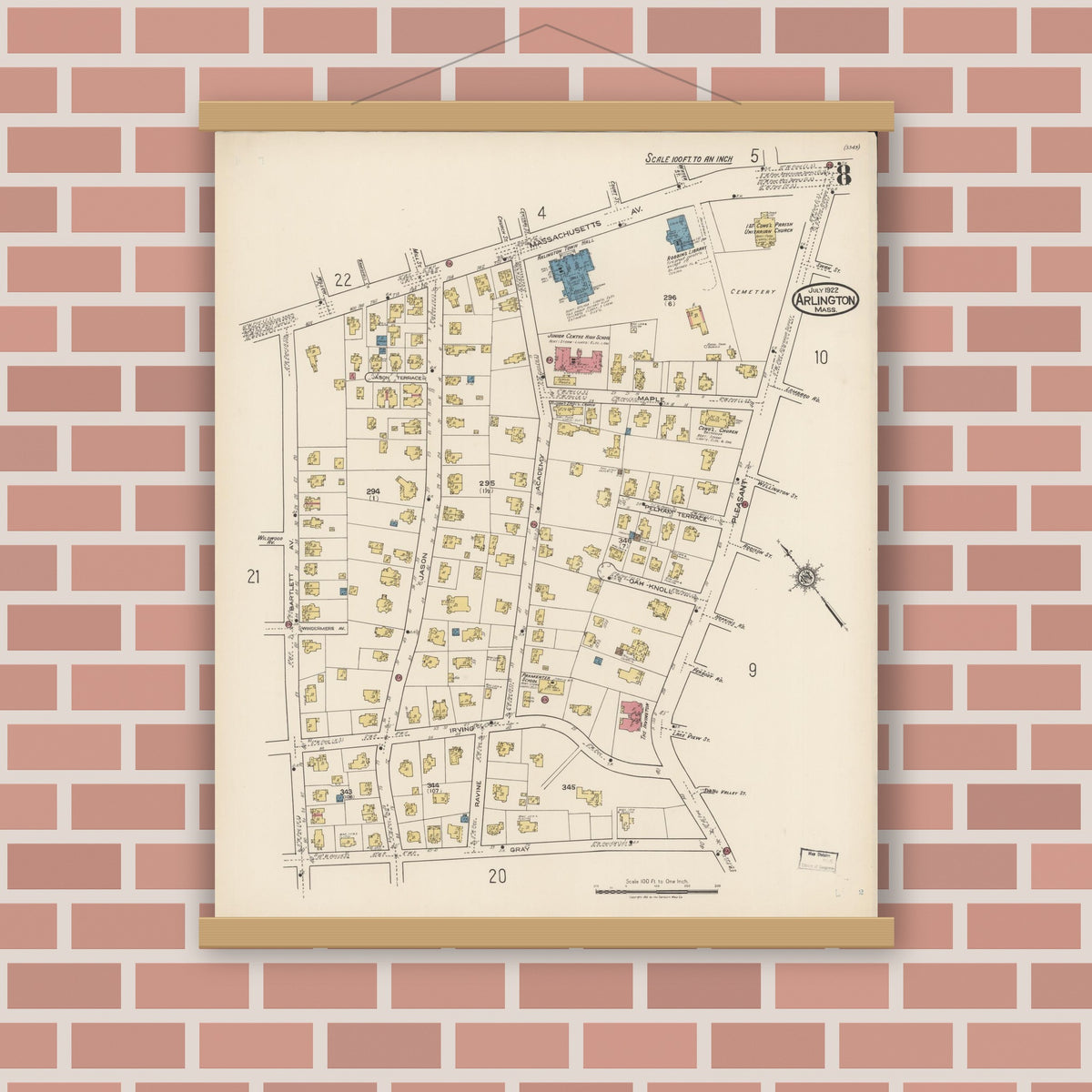 Old map wall art mockup — magnetic wood frame on brick wall — Sanborn Fire Insurance Map from Arlington, Middlesex County, Massachusetts (1922), Sheet #0008