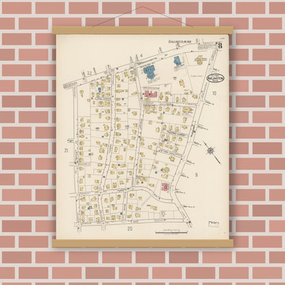 Old map wall art mockup — magnetic wood frame on brick wall — Sanborn Fire Insurance Map from Arlington, Middlesex County, Massachusetts (1922), Sheet #0008