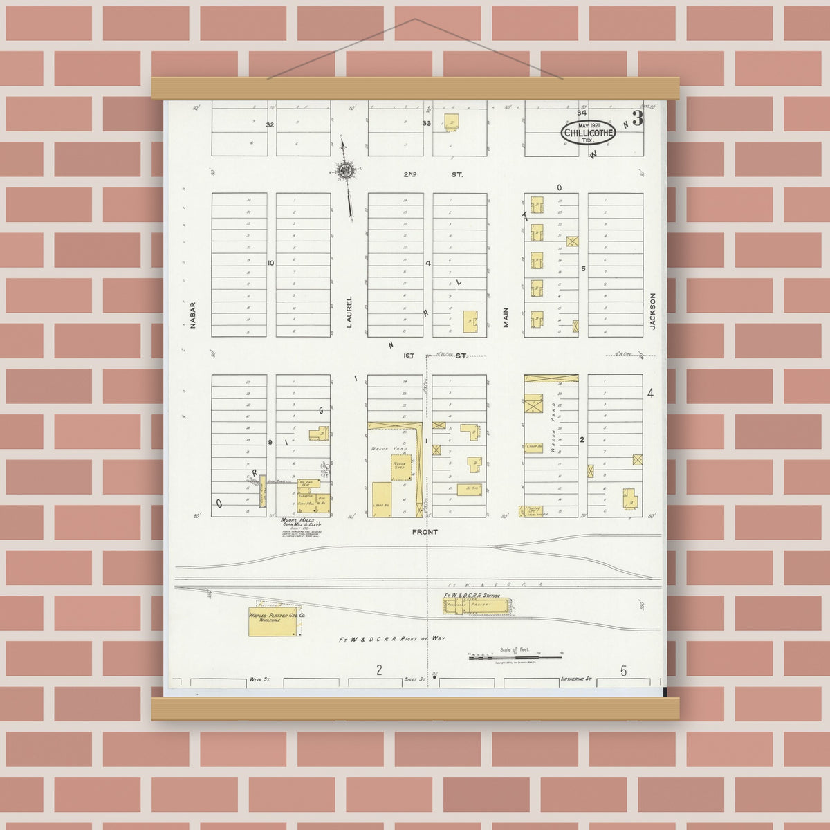 Old map wall art mockup — magnetic wood frame on brick wall — Sanborn Fire Insurance Map from Chillicothe, Hardeman County, Texas (1921), Sheet #0003