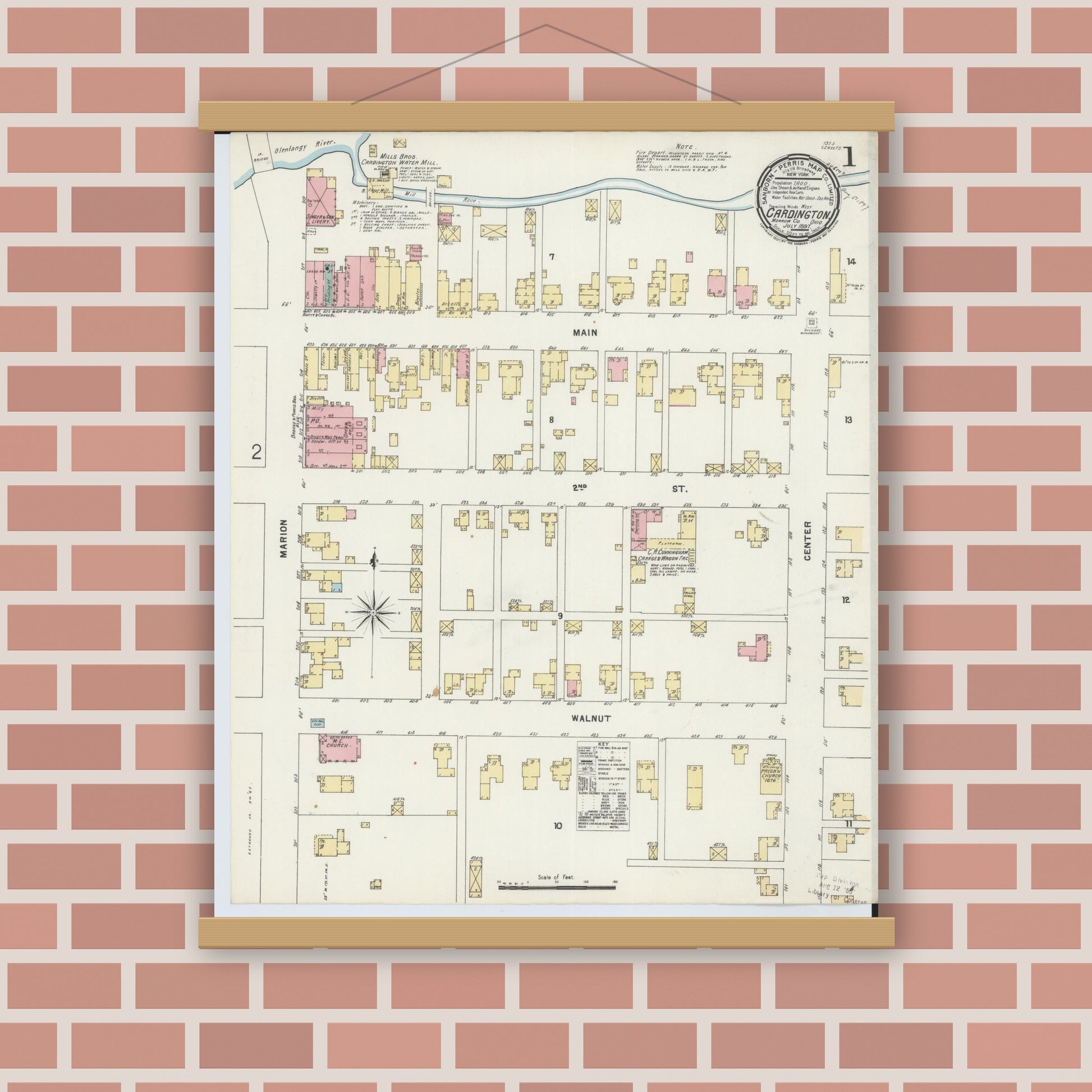 Old map wall art mockup — magnetic wood frame on brick wall — Sanborn Fire Insurance Map from Cardington, Morrow County, Ohio (1897), Sheet #0001