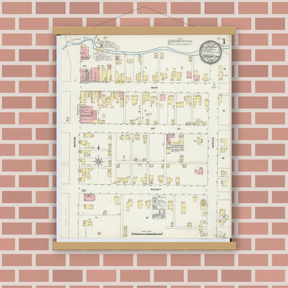 Old map wall art mockup — magnetic wood frame on brick wall — Sanborn Fire Insurance Map from Cardington, Morrow County, Ohio (1897), Sheet #0001
