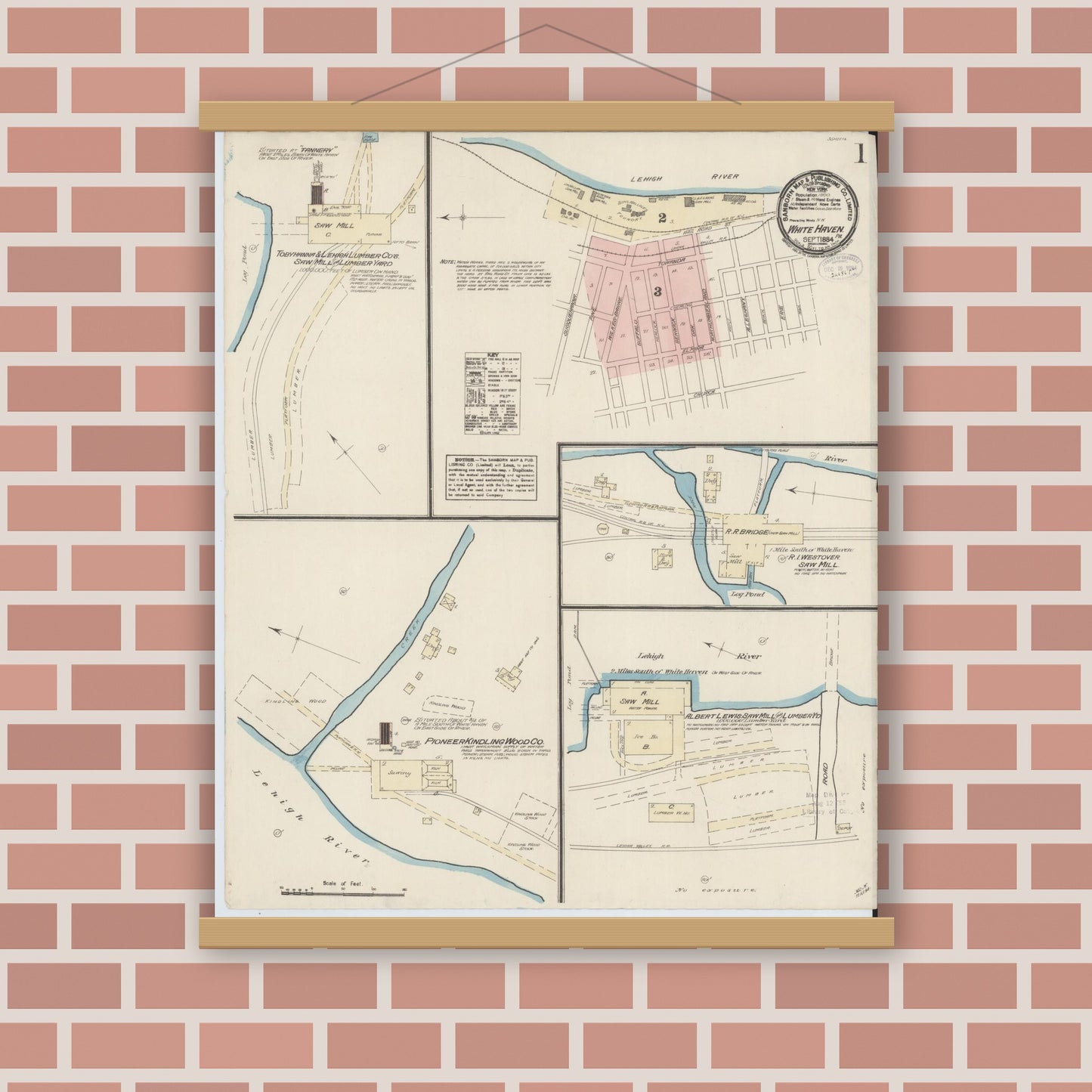 Old map wall art mockup — magnetic wood frame on brick wall — Sanborn Fire Insurance Map from White Haven, Luzerne County, Pennsylvania (1884) - Complete Map Set