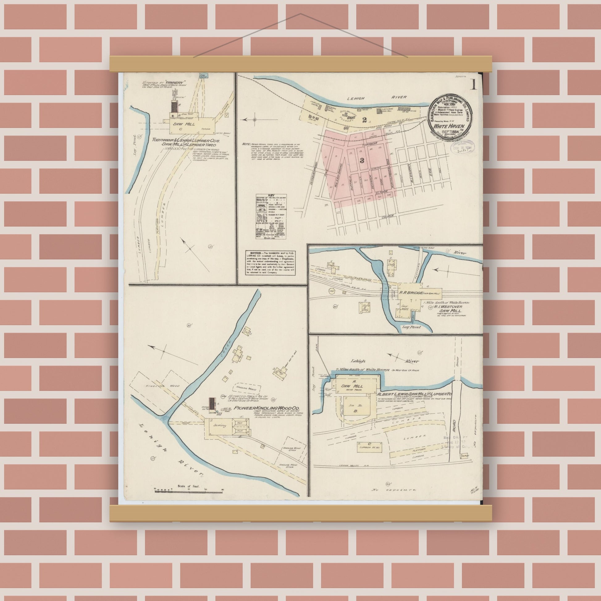 Old map wall art mockup — magnetic wood frame on brick wall — Sanborn Fire Insurance Map from White Haven, Luzerne County, Pennsylvania (1884) - Complete Map Set
