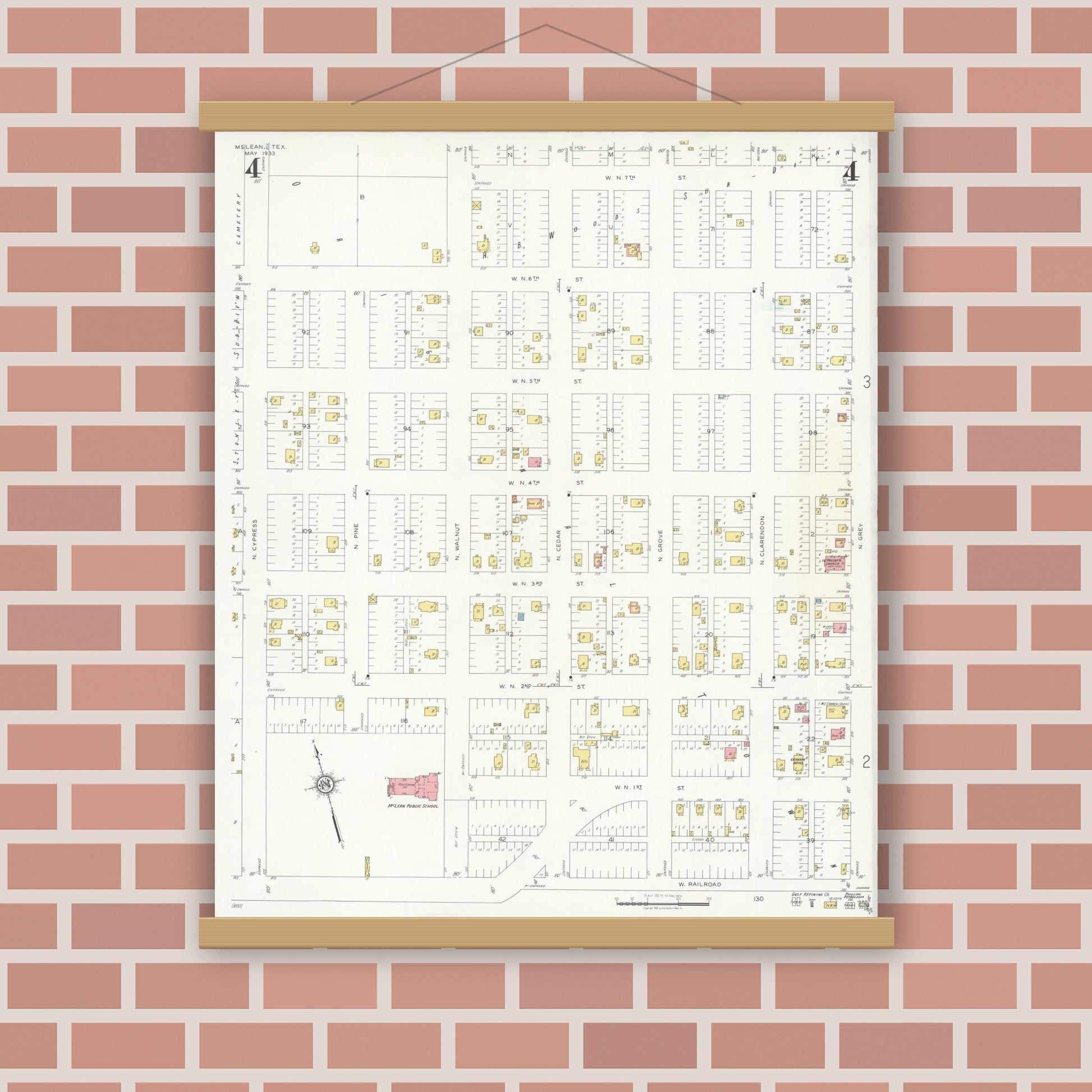 Old map wall art mockup — magnetic wood frame on brick wall — Sanborn Fire Insurance Map from McLean, Gray County, Texas (1933), Sheet #0004
