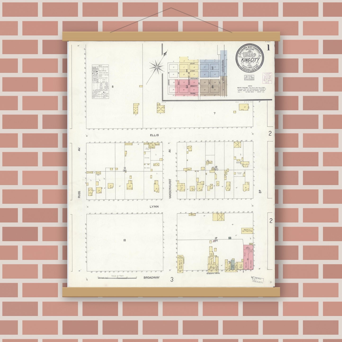 Old map wall art mockup — magnetic wood frame on brick wall — Sanborn Fire Insurance Map from King City, Monterey County, California (1903), Sheet #0001