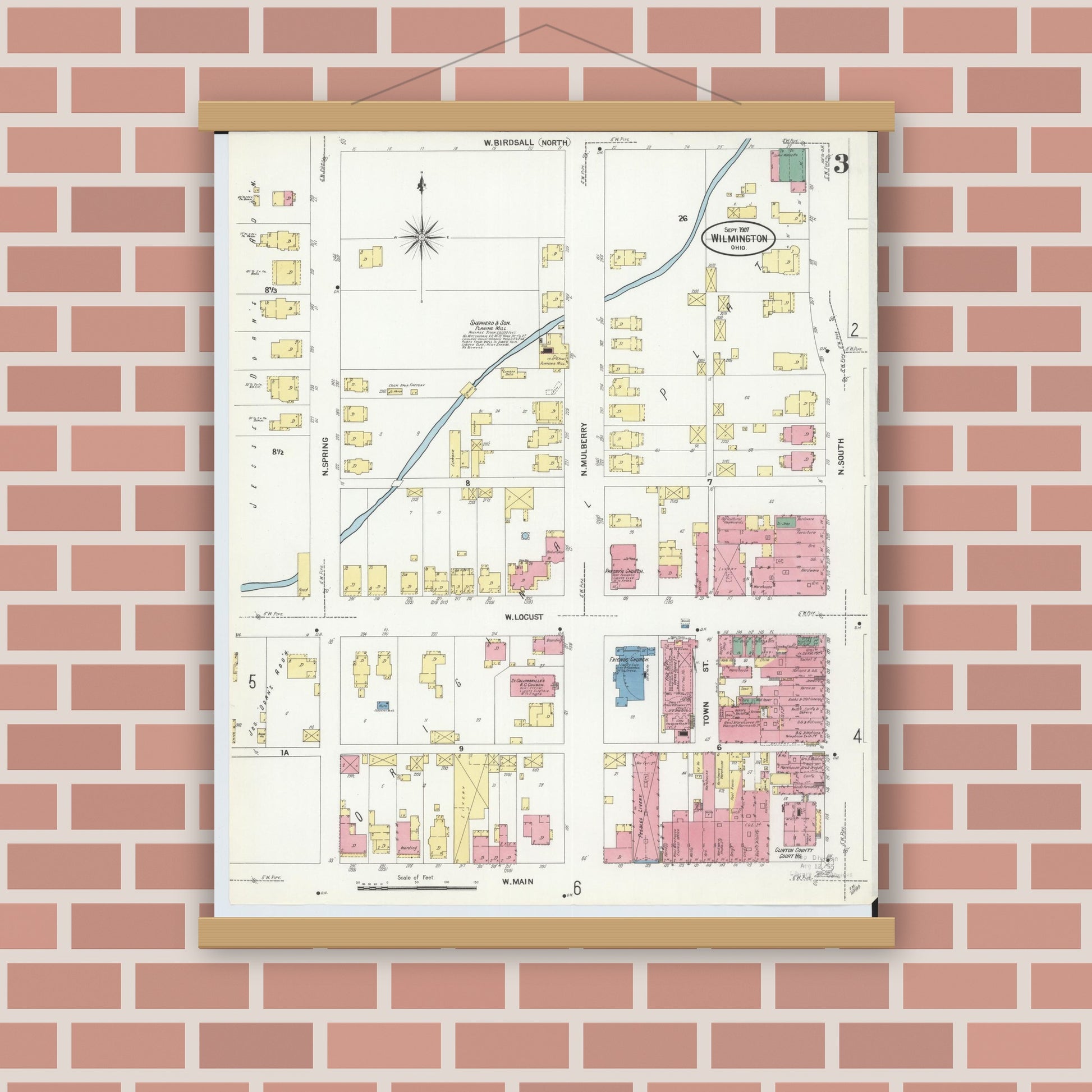 Old map wall art mockup — magnetic wood frame on brick wall — Sanborn Fire Insurance Map from Wilmington, Clinton County, Ohio (1907), Sheet #0003
