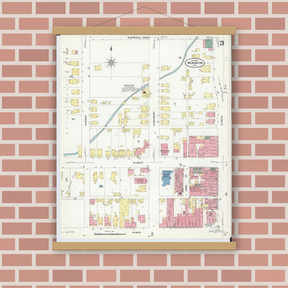 Old map wall art mockup — magnetic wood frame on brick wall — Sanborn Fire Insurance Map from Wilmington, Clinton County, Ohio (1907), Sheet #0003