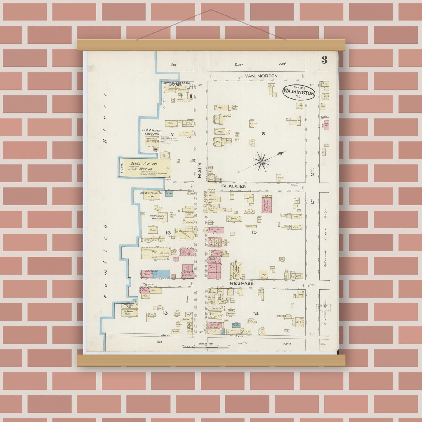 Old map wall art mockup — magnetic wood frame on brick wall — Sanborn Fire Insurance Map from Washington, Beaufort County, North Carolina (1885), Sheet #0003
