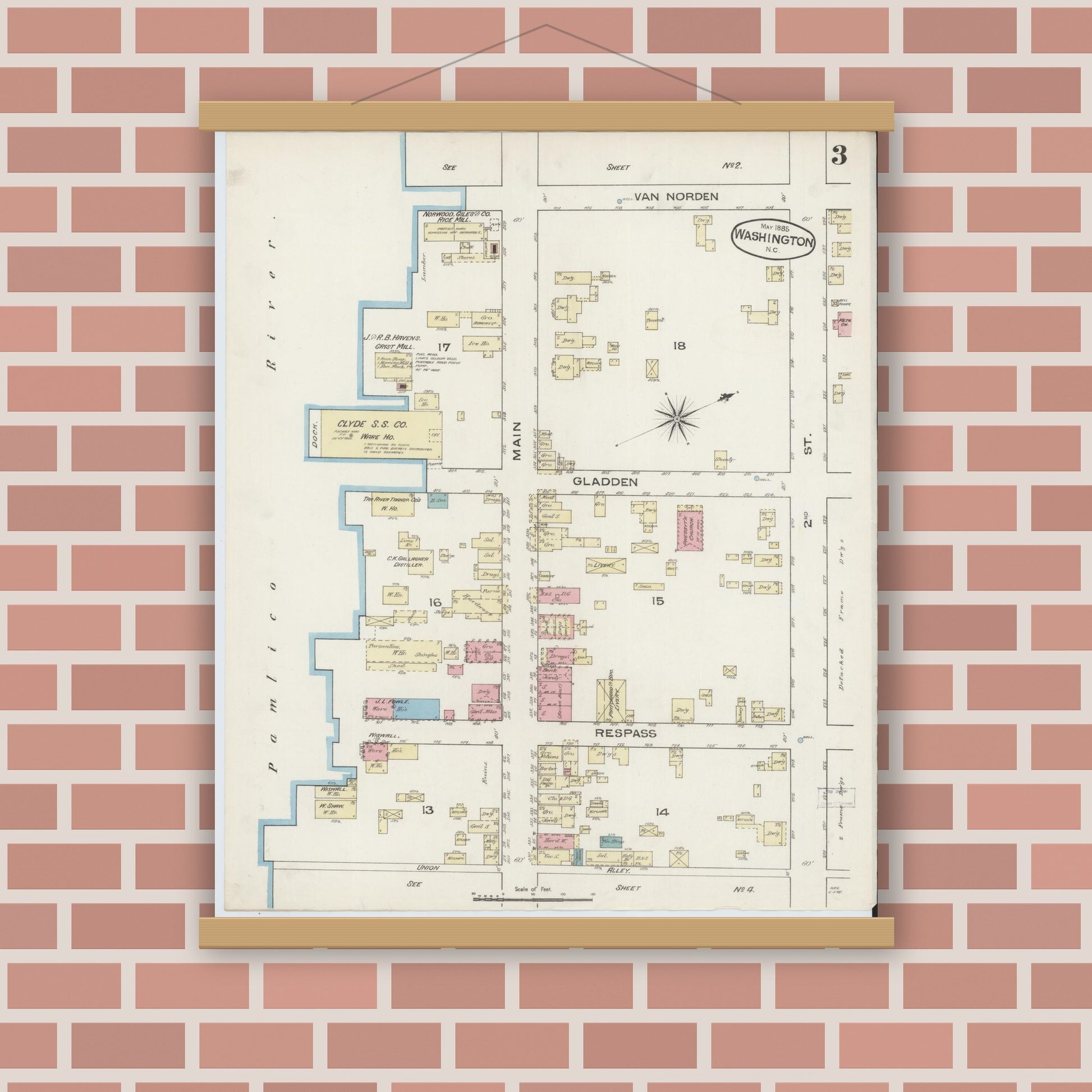 Old map wall art mockup — magnetic wood frame on brick wall — Sanborn Fire Insurance Map from Washington, Beaufort County, North Carolina (1885), Sheet #0003