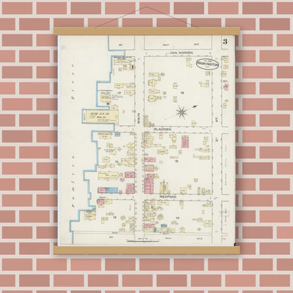 Old map wall art mockup — magnetic wood frame on brick wall — Sanborn Fire Insurance Map from Washington, Beaufort County, North Carolina (1885), Sheet #0003