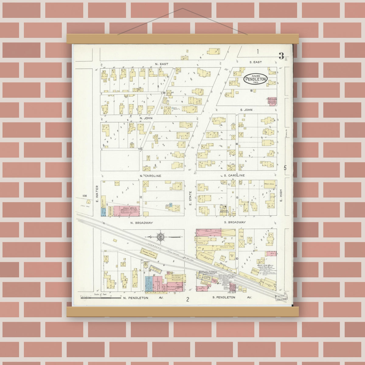 Old map wall art mockup — magnetic wood frame on brick wall — Sanborn Fire Insurance Map from Pendleton, Madison County, Indiana (1914), Sheet #0003