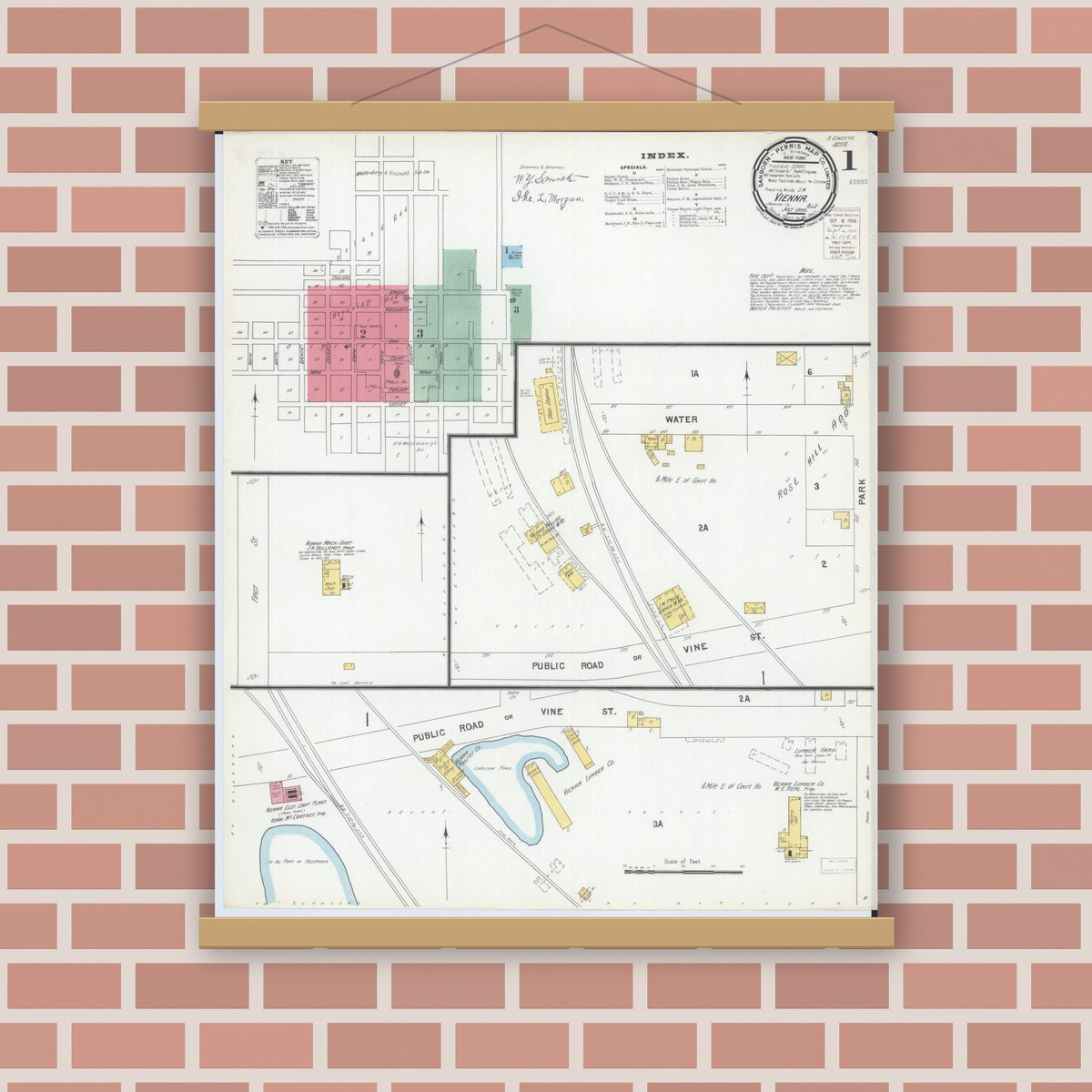 Old map wall art mockup — magnetic wood frame on brick wall — Sanborn Fire Insurance Map from Vienna, Johnson County, Illinois (1900), Sheet #0001