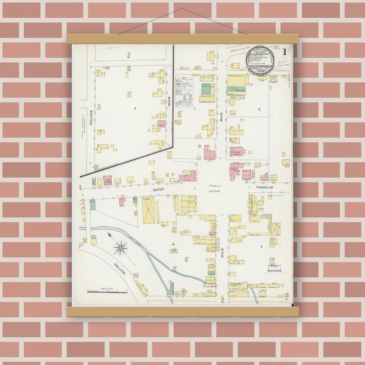 Old map wall art mockup — magnetic wood frame on brick wall — Sanborn Fire Insurance Map from Christiansburg, Montgomery County, Virginia (1896) - Complete Map Set
