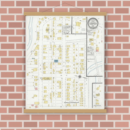 Old map wall art mockup — magnetic wood frame on brick wall — Sanborn Fire Insurance Map from Chesapeake, Lawrence County, Ohio (1927), Sheet #0001