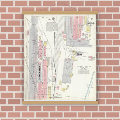 Old map wall art mockup — magnetic wood frame on brick wall — Sanborn Fire Insurance Map from Monessen, Westmoreland County, Pennsylvania (1914), Sheet #0018