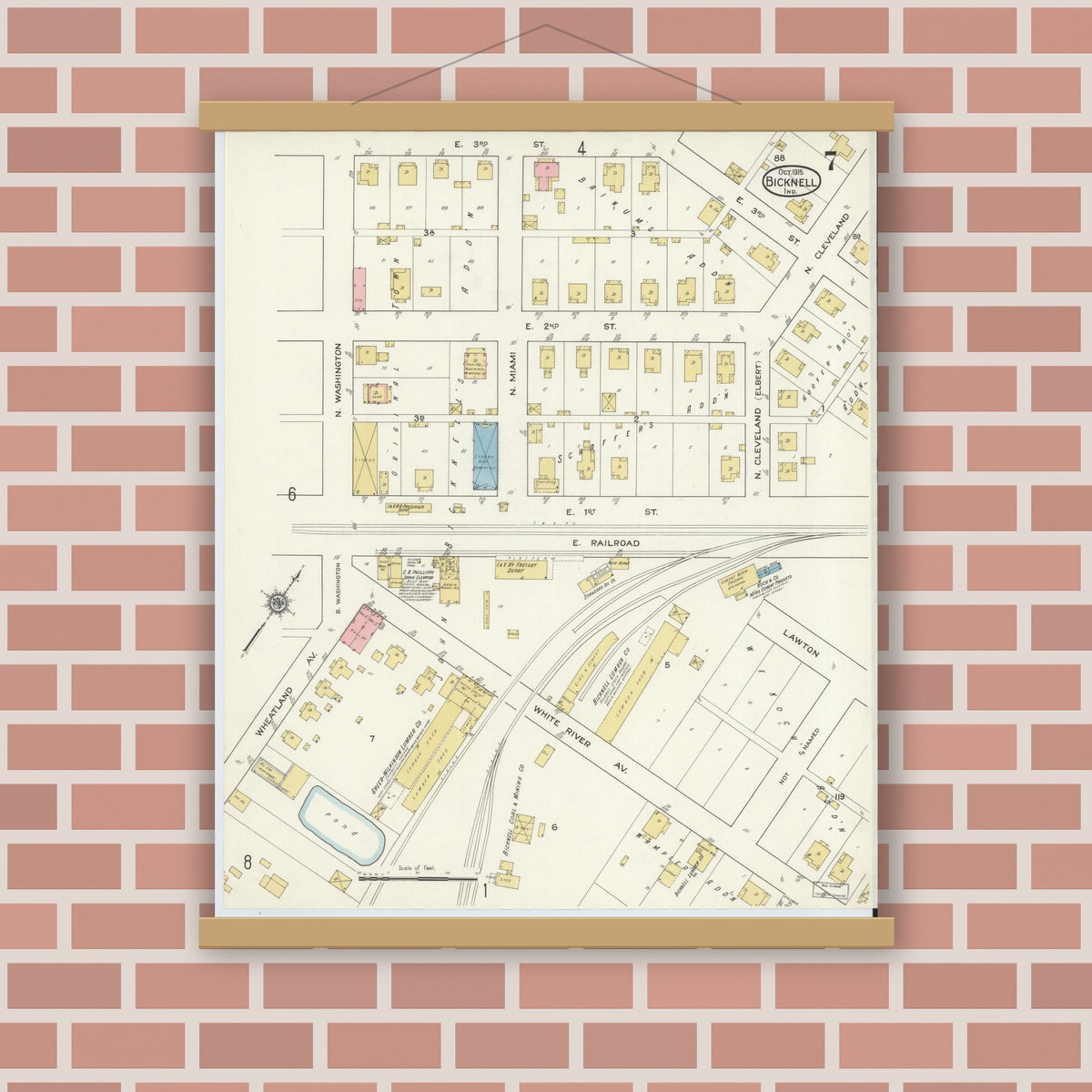 Old map wall art mockup — magnetic wood frame on brick wall — Sanborn Fire Insurance Map from Bicknell, Knox County, Indiana (1915), Sheet #0007