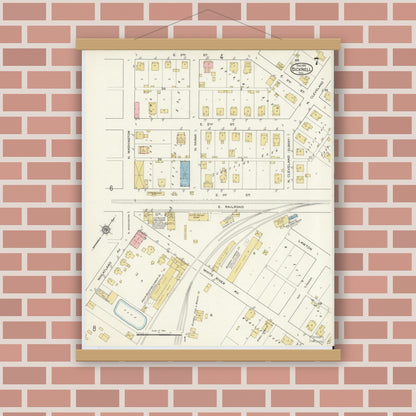 Old map wall art mockup — magnetic wood frame on brick wall — Sanborn Fire Insurance Map from Bicknell, Knox County, Indiana (1915), Sheet #0007