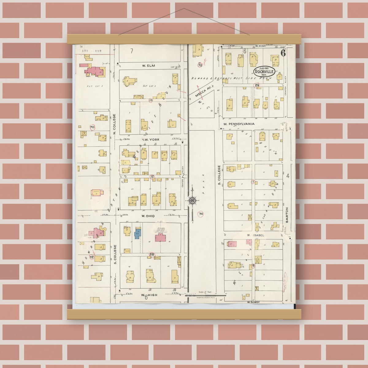 Old map wall art mockup — magnetic wood frame on brick wall — Sanborn Fire Insurance Map from Rockville, Parke County, Indiana (1932), Sheet #0006