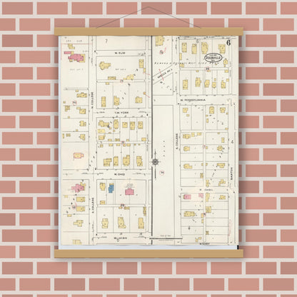 Old map wall art mockup — magnetic wood frame on brick wall — Sanborn Fire Insurance Map from Rockville, Parke County, Indiana (1932), Sheet #0006