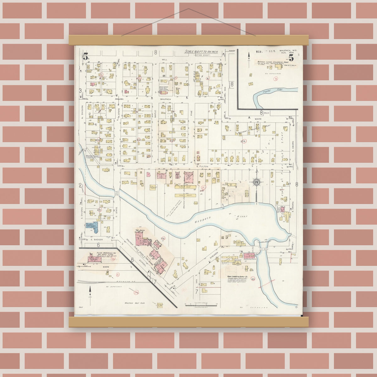 Old map wall art mockup — magnetic wood frame on brick wall — Sanborn Fire Insurance Map from Waupaca, Waupaca County, Wisconsin (1941), Sheet #0005