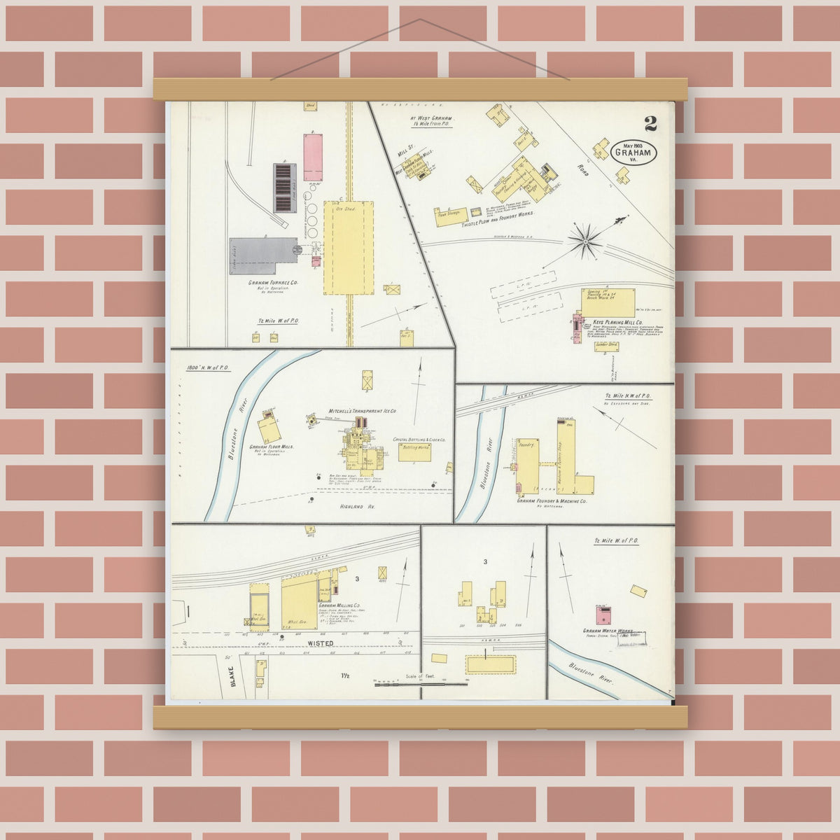 Old map wall art mockup — magnetic wood frame on brick wall — Sanborn Fire Insurance Map from Graham, Tazewell County, Virginia (1903), Sheet #0002
