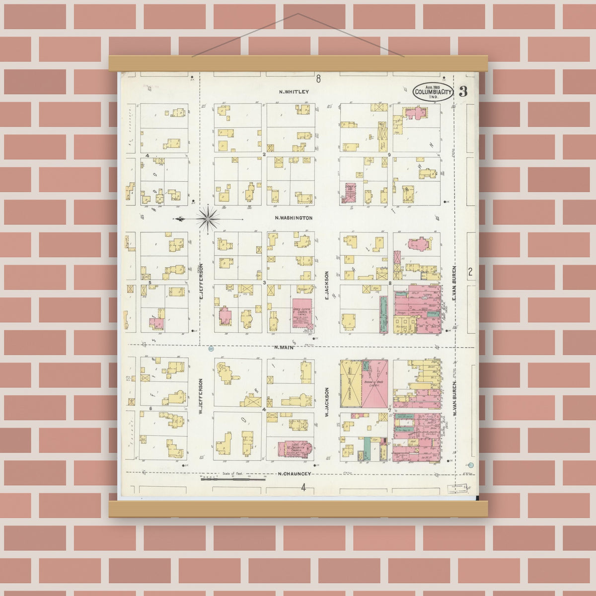 Old map wall art mockup — magnetic wood frame on brick wall — Sanborn Fire Insurance Map from Columbia City, Whitley County, Indiana (1905), Sheet #0003