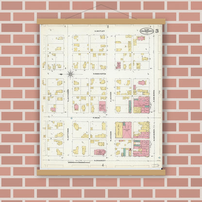 Old map wall art mockup — magnetic wood frame on brick wall — Sanborn Fire Insurance Map from Columbia City, Whitley County, Indiana (1905), Sheet #0003