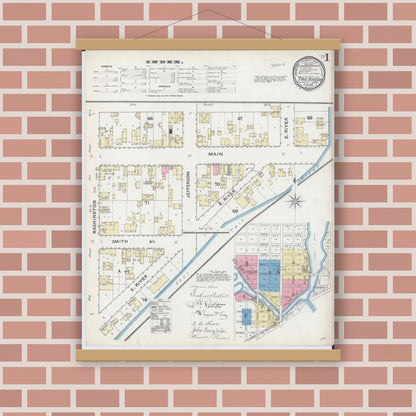 Old map wall art mockup — magnetic wood frame on brick wall — Sanborn Fire Insurance Map from Two Rivers, Manitowoc County, Wisconsin (1891) - Complete Map Set