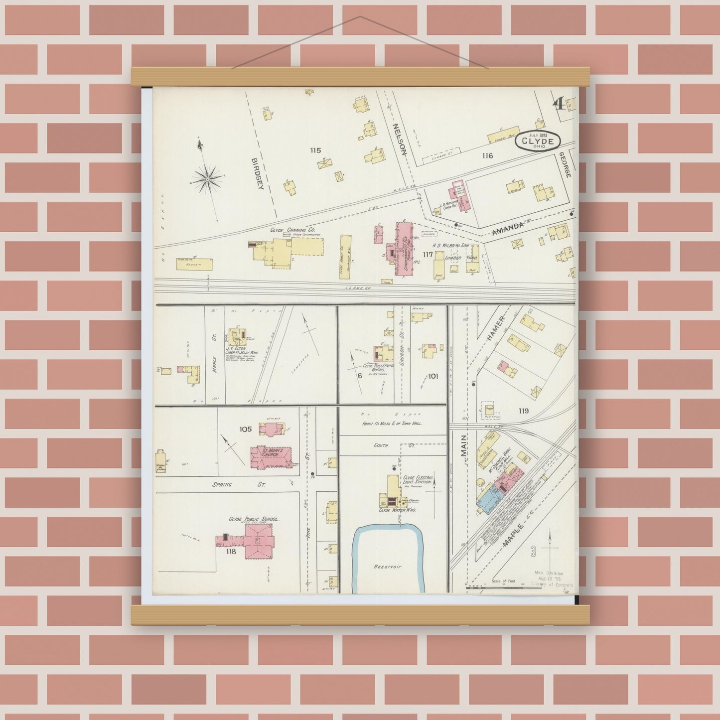 Old map wall art mockup — magnetic wood frame on brick wall — Sanborn Fire Insurance Map from Clyde, Sandusky County, Ohio (1893), Sheet #0004
