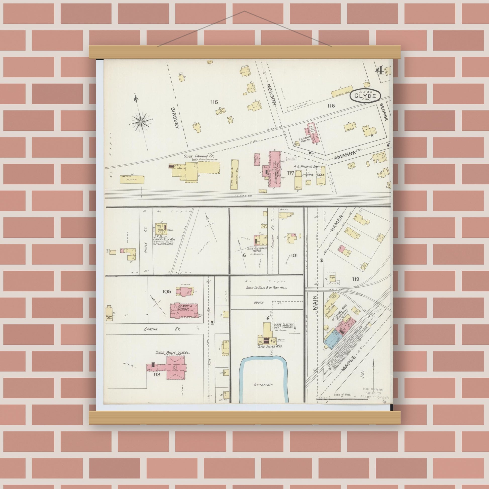 Old map wall art mockup — magnetic wood frame on brick wall — Sanborn Fire Insurance Map from Clyde, Sandusky County, Ohio (1893), Sheet #0004