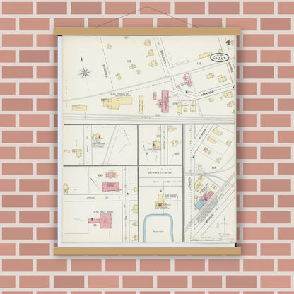 Old map wall art mockup — magnetic wood frame on brick wall — Sanborn Fire Insurance Map from Clyde, Sandusky County, Ohio (1893), Sheet #0004