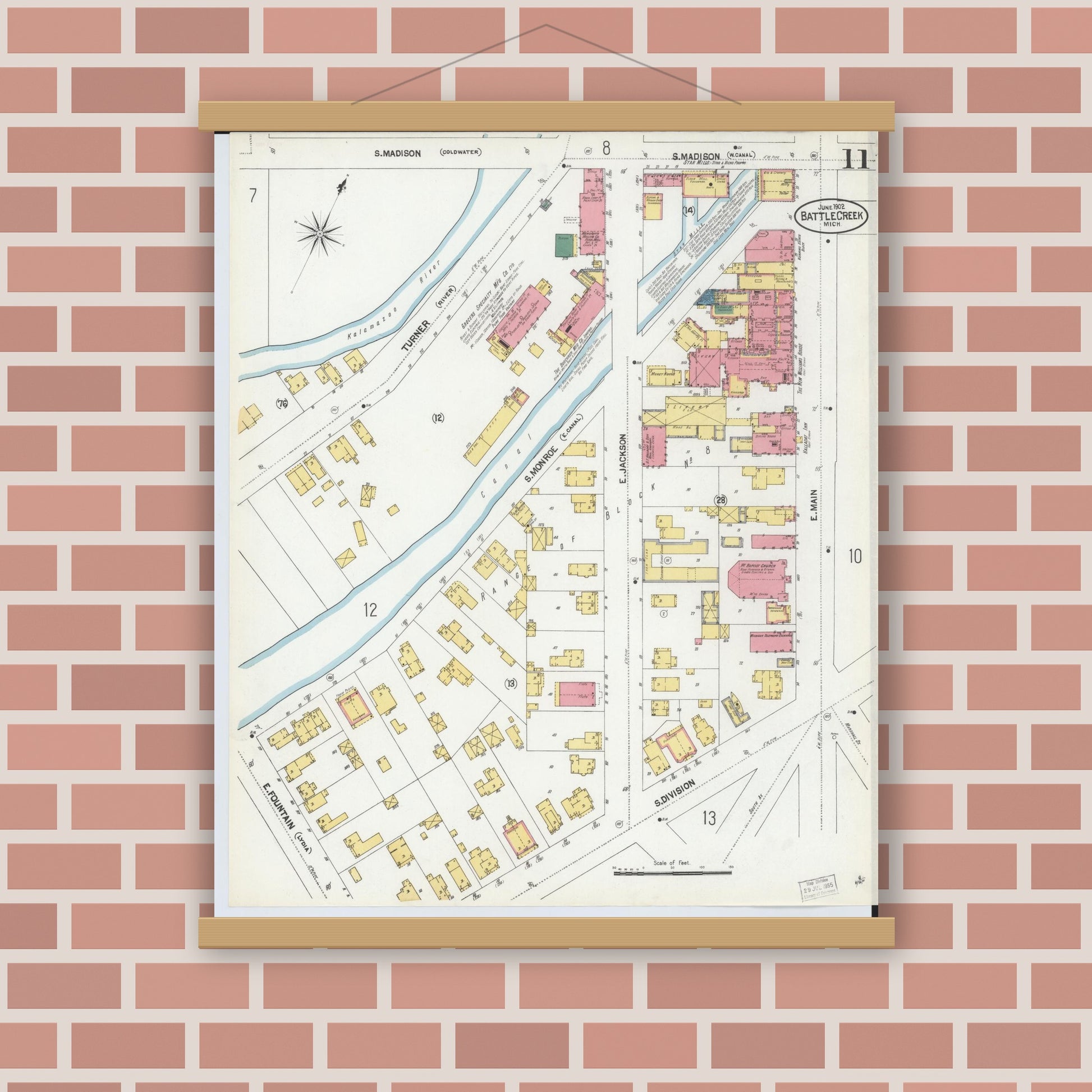 Old map wall art mockup — magnetic wood frame on brick wall — Sanborn Fire Insurance Map from Battle Creek, Calhoun County, Michigan (1902), Sheet #0011