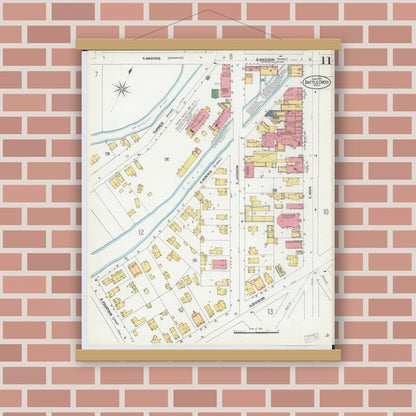Old map wall art mockup — magnetic wood frame on brick wall — Sanborn Fire Insurance Map from Battle Creek, Calhoun County, Michigan (1902), Sheet #0011