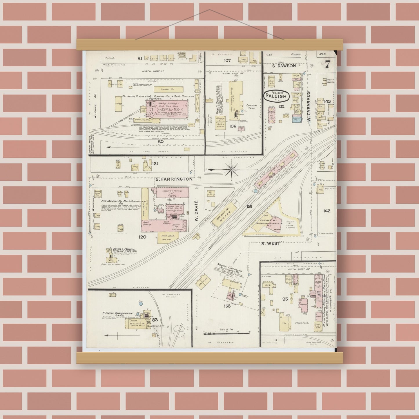 Old map wall art mockup — magnetic wood frame on brick wall — Sanborn Fire Insurance Map from Raleigh, Wake County, North Carolina (1888), Sheet #0007