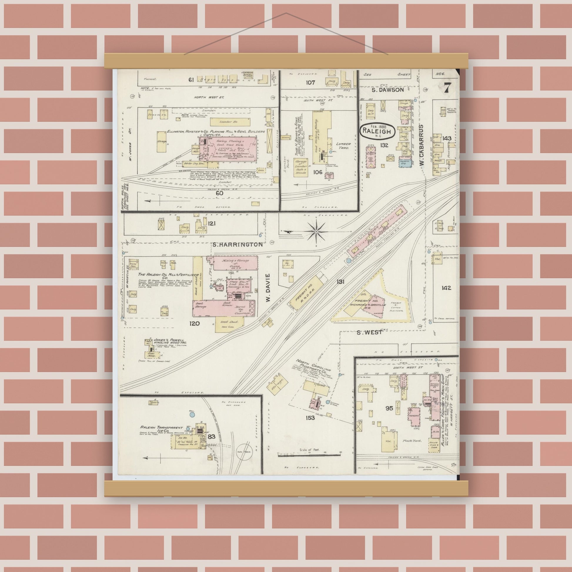 Old map wall art mockup — magnetic wood frame on brick wall — Sanborn Fire Insurance Map from Raleigh, Wake County, North Carolina (1888), Sheet #0007
